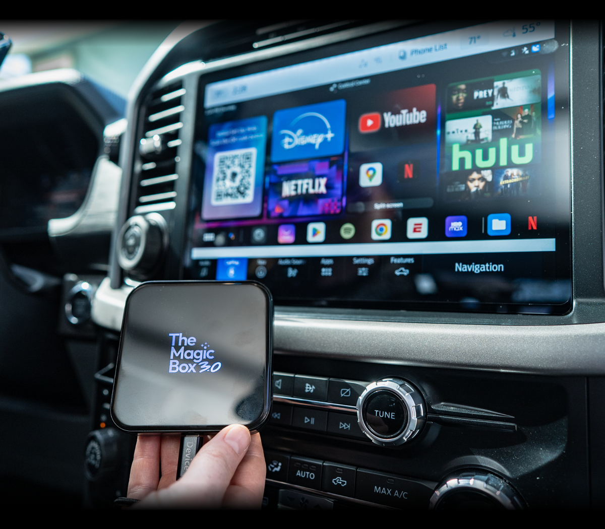 Magic Box 3.0 with streaming apps on a car screen